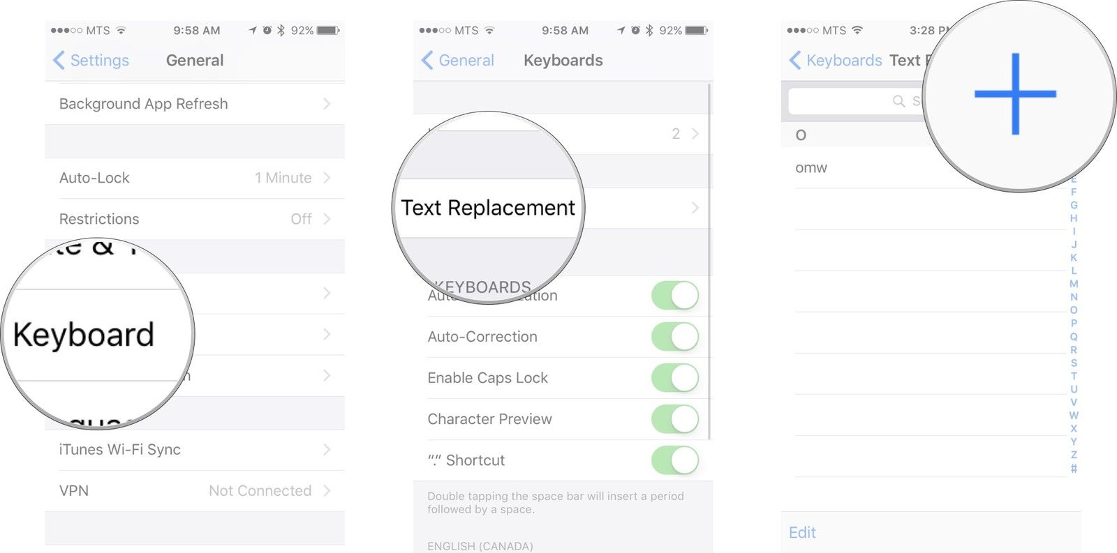 Нажмите на клавиатуре, нажмите на текст замены, а затем