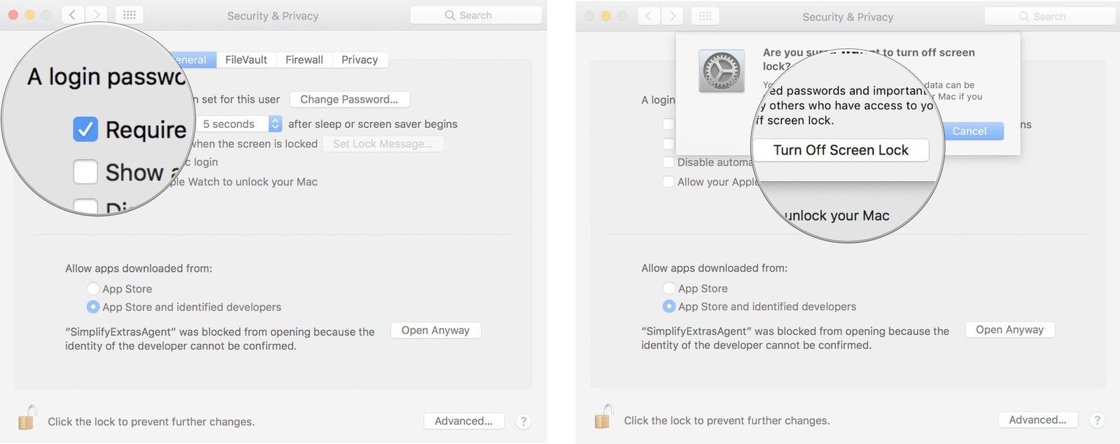 Снимите флажок Требовать пароль, затем нажмите Отключить блокировку экрана