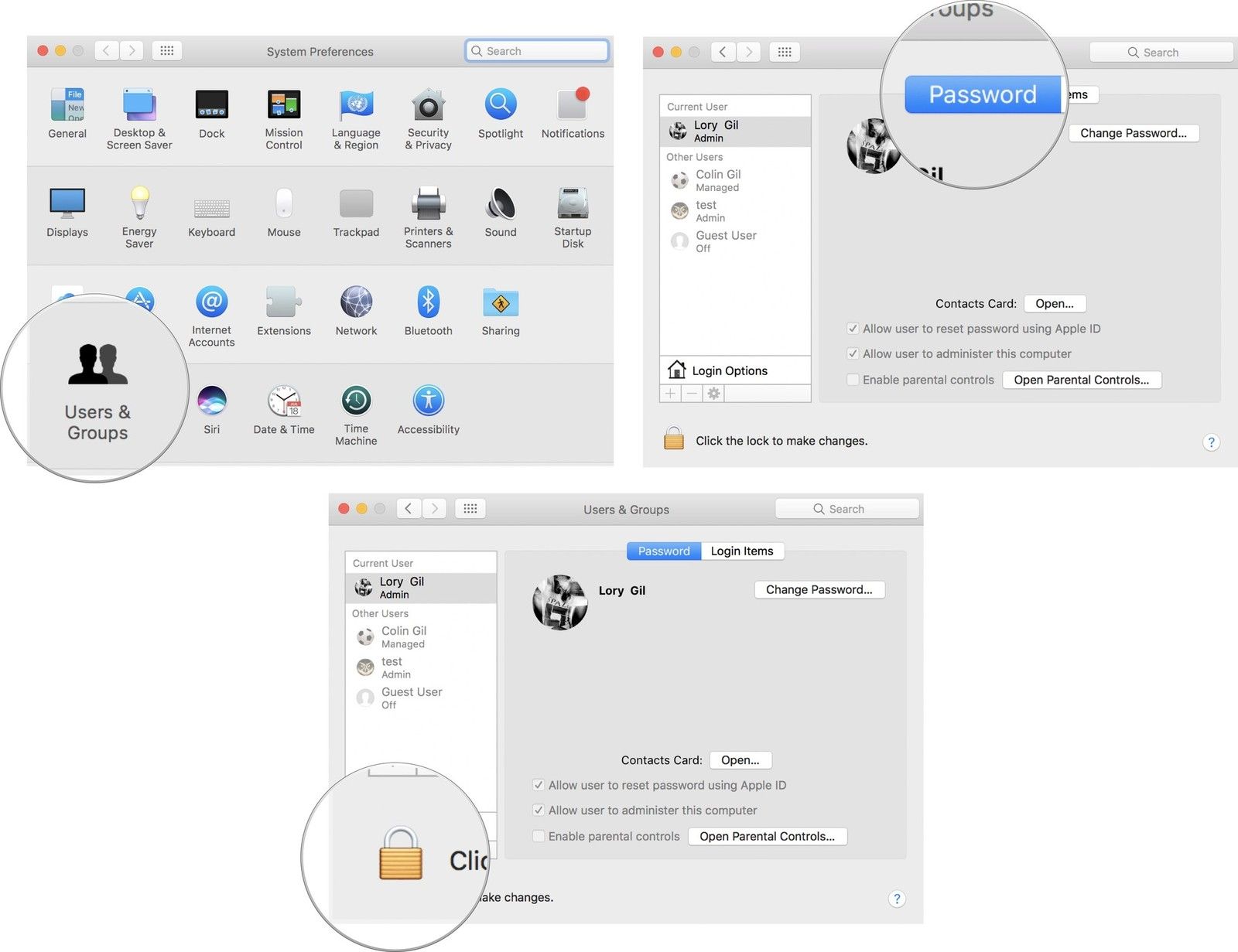 Нажмите Пользователи и группы, затем нажмите пароли, затем нажмите на замок