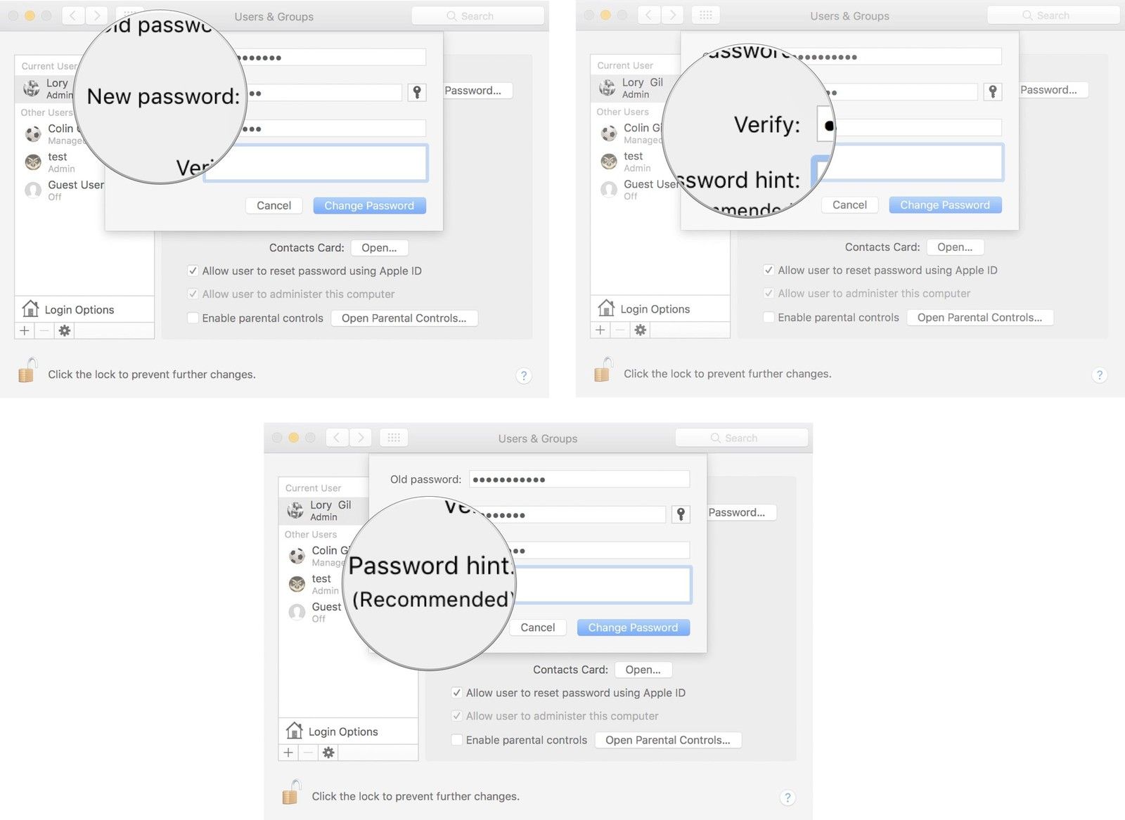 Введите новый пароль, затем введите еще раз, затем добавьте подсказку для пароля
