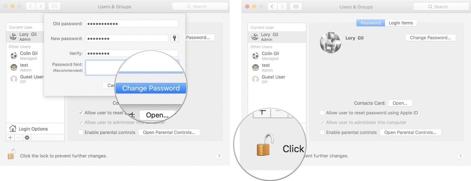 Нажмите изменить пароль, затем нажмите замок