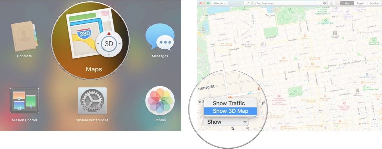 Откройте приложение «Карты», нажмите «Показать», затем нажмите «Показать 3D-карту».
