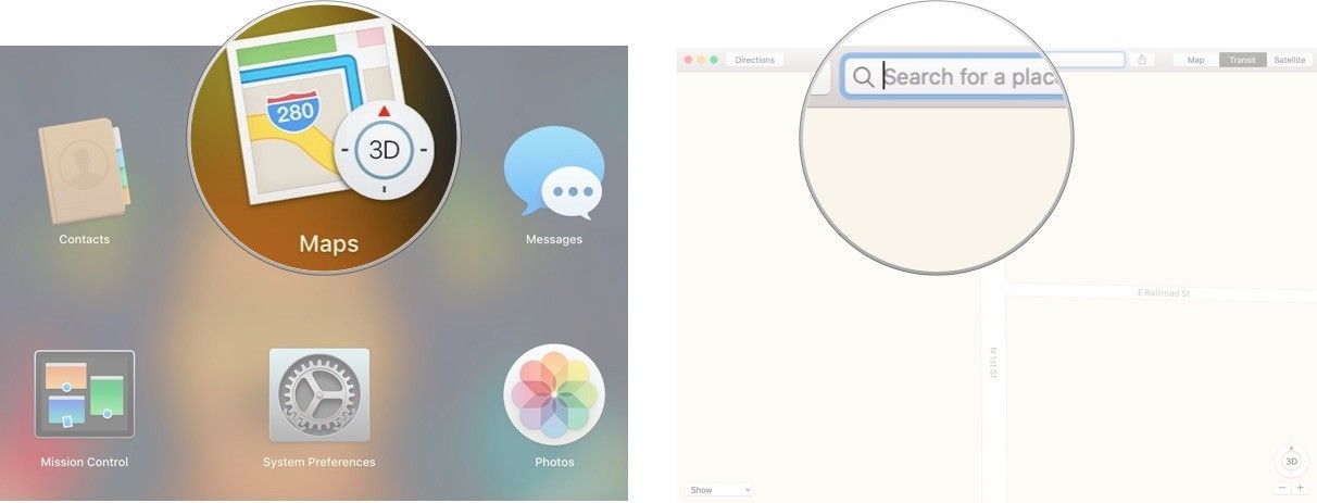 Откройте приложение «Карты», затем щелкните панель поиска.