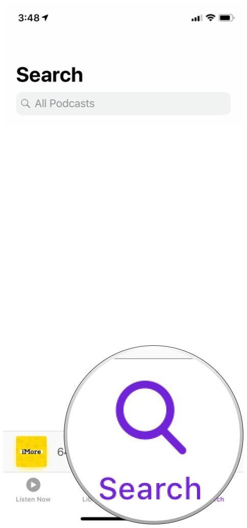 Экран поиска Apple Podcasts и подсвеченная кнопка