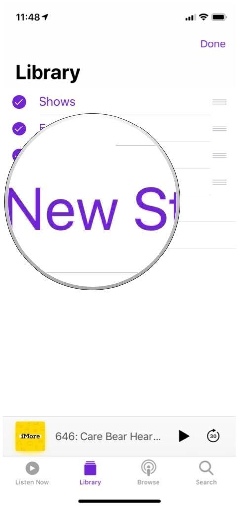 Библиотека Apple Podcasts Редактирует выделенную кнопку «Новая станция»