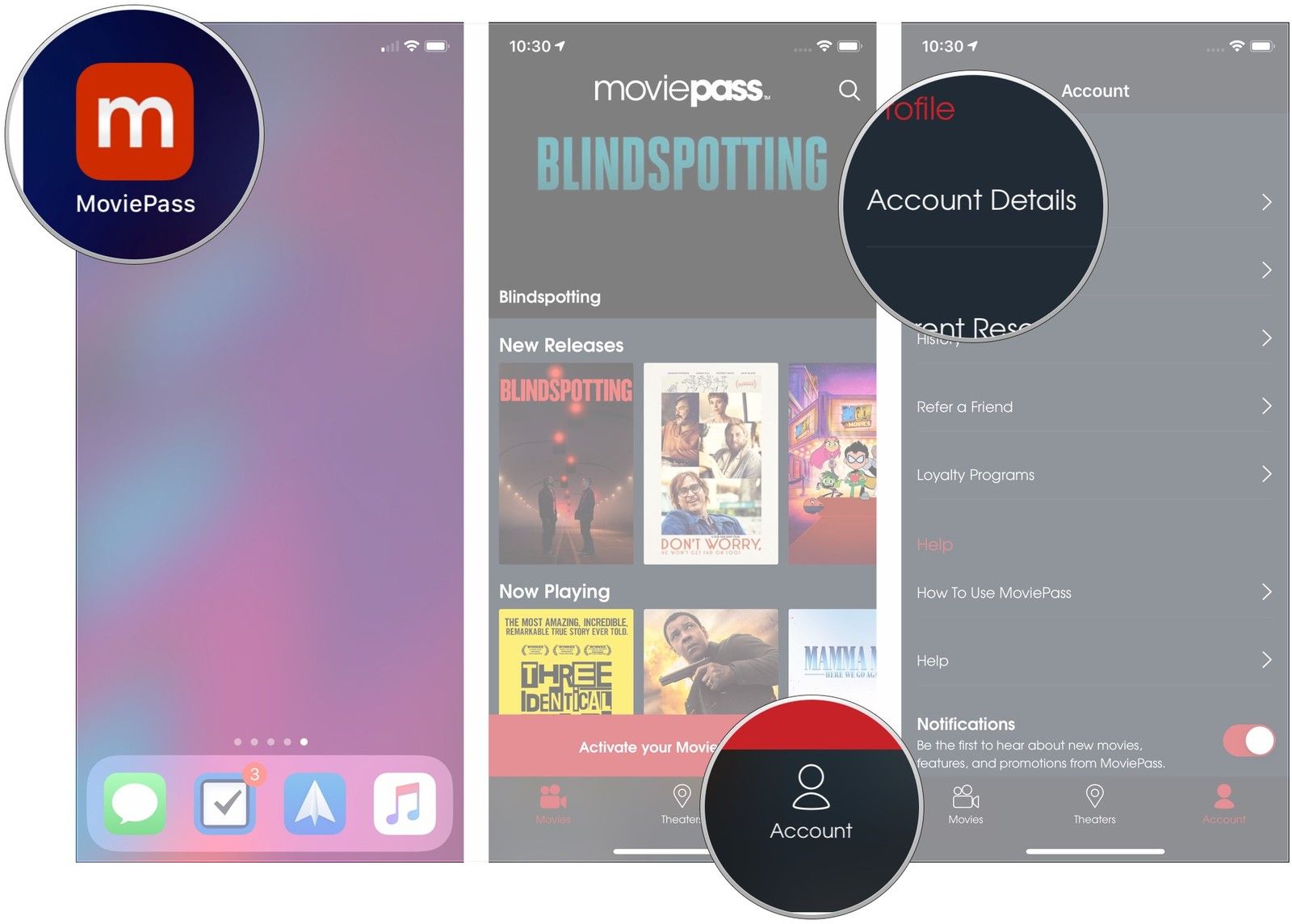 Откройте MoviePass, нажмите «Аккаунт», нажмите «Аккаунт»