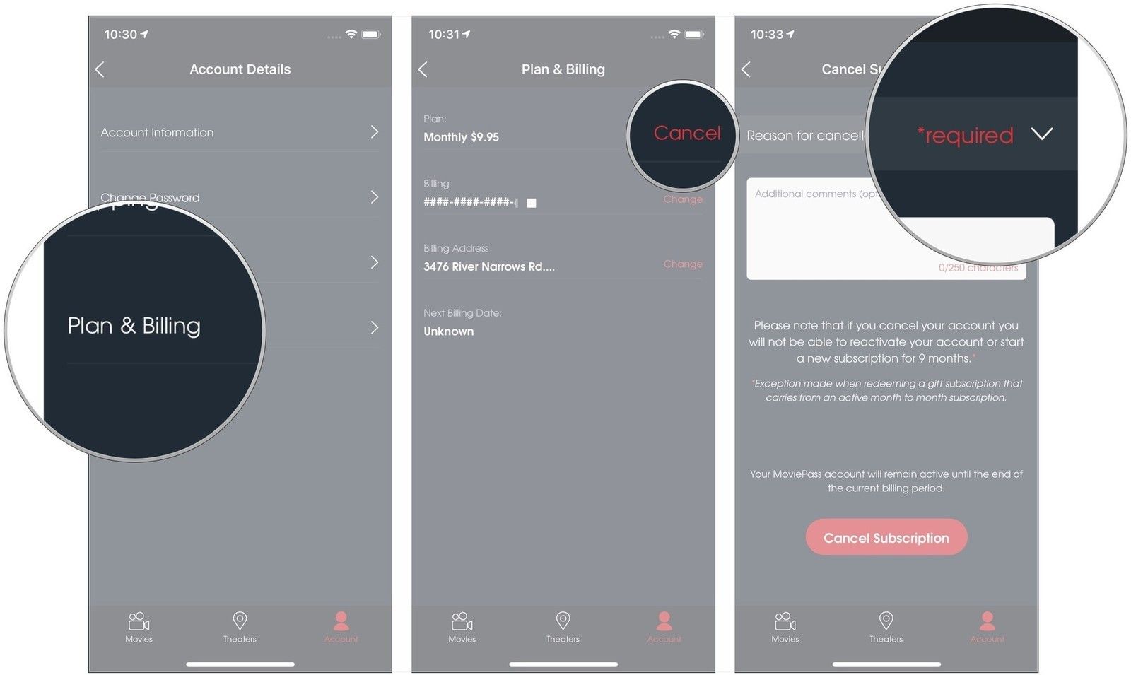 Нажмите «План и оплата», нажмите «Отмена», нажмите «Причина отмены»