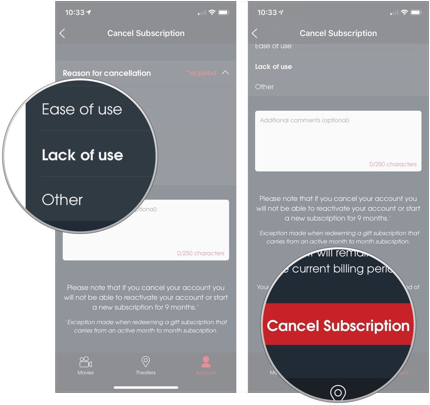 Нажмите на причину, нажмите Отмена подписки
