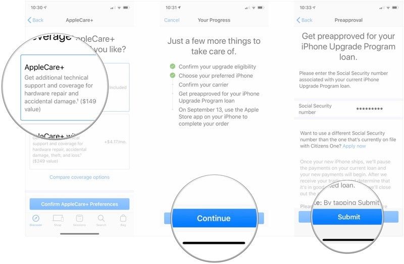 Нажмите AppleCare +, нажмите «Продолжить», подтвердите перевозчика