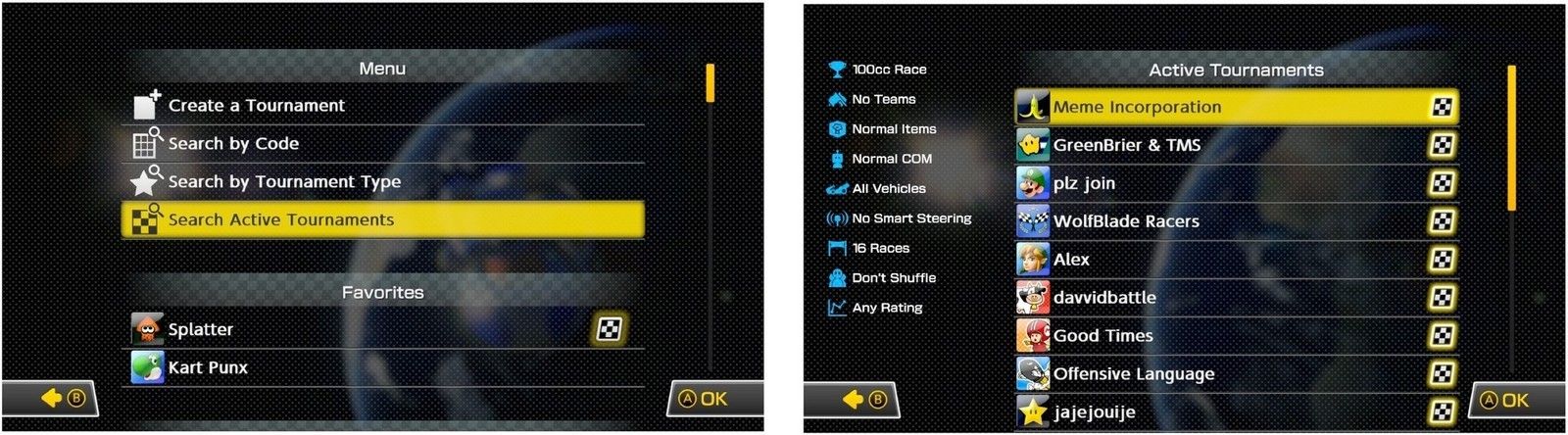 Выберите Поиск активных турниров, затем выберите турнир