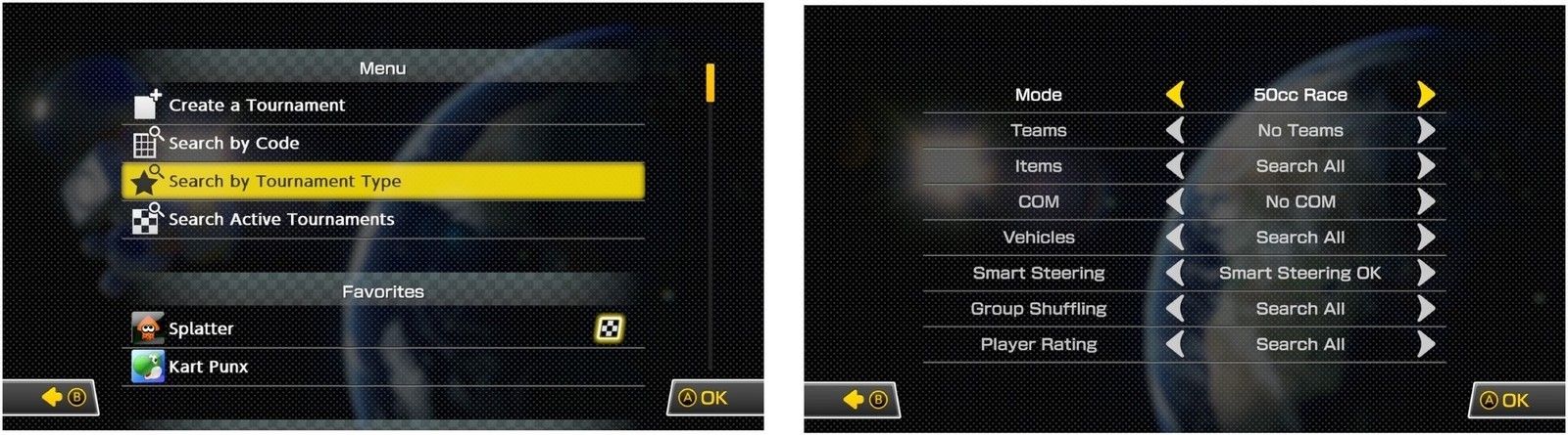 Выберите Поиск по типу турнира, затем введите критерии поиска