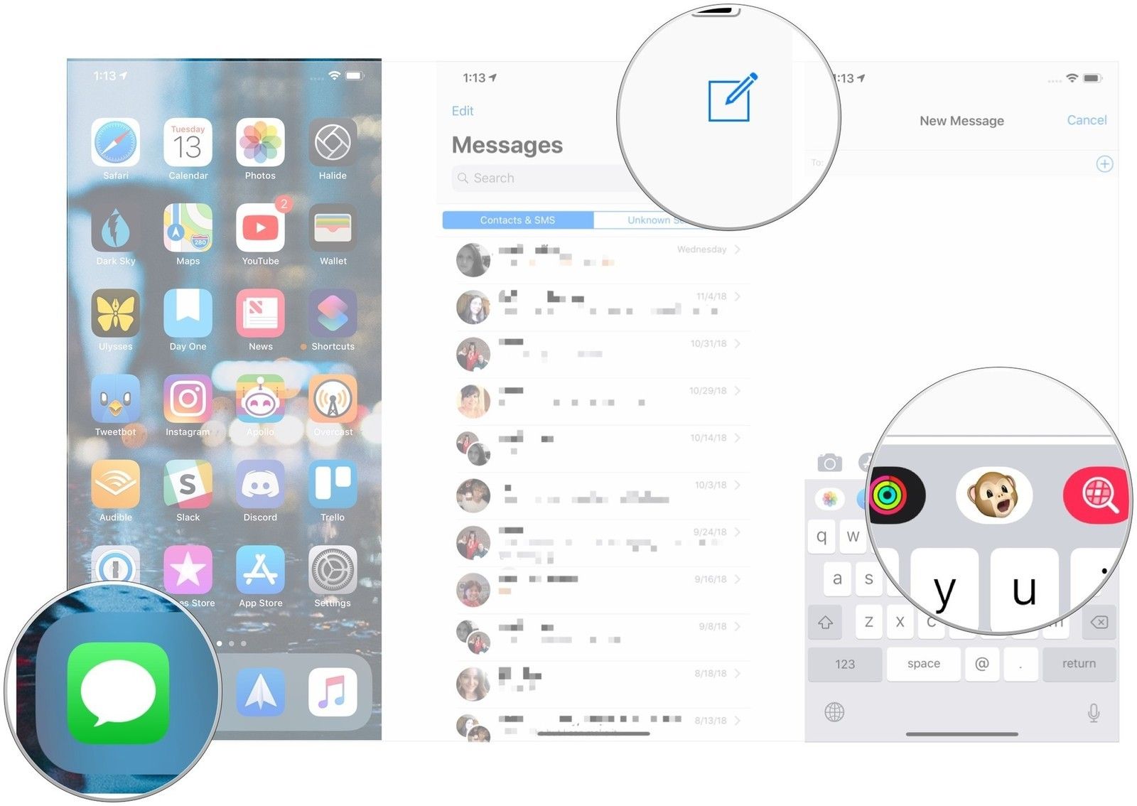 Откройте Сообщения, коснитесь беседы или создайте, коснитесь кнопки Animoji.