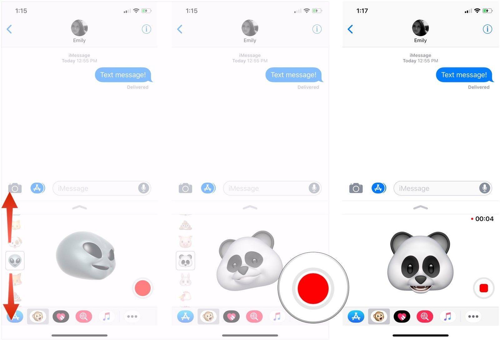Прокрутите, нажмите запись, запись сообщения Animoji