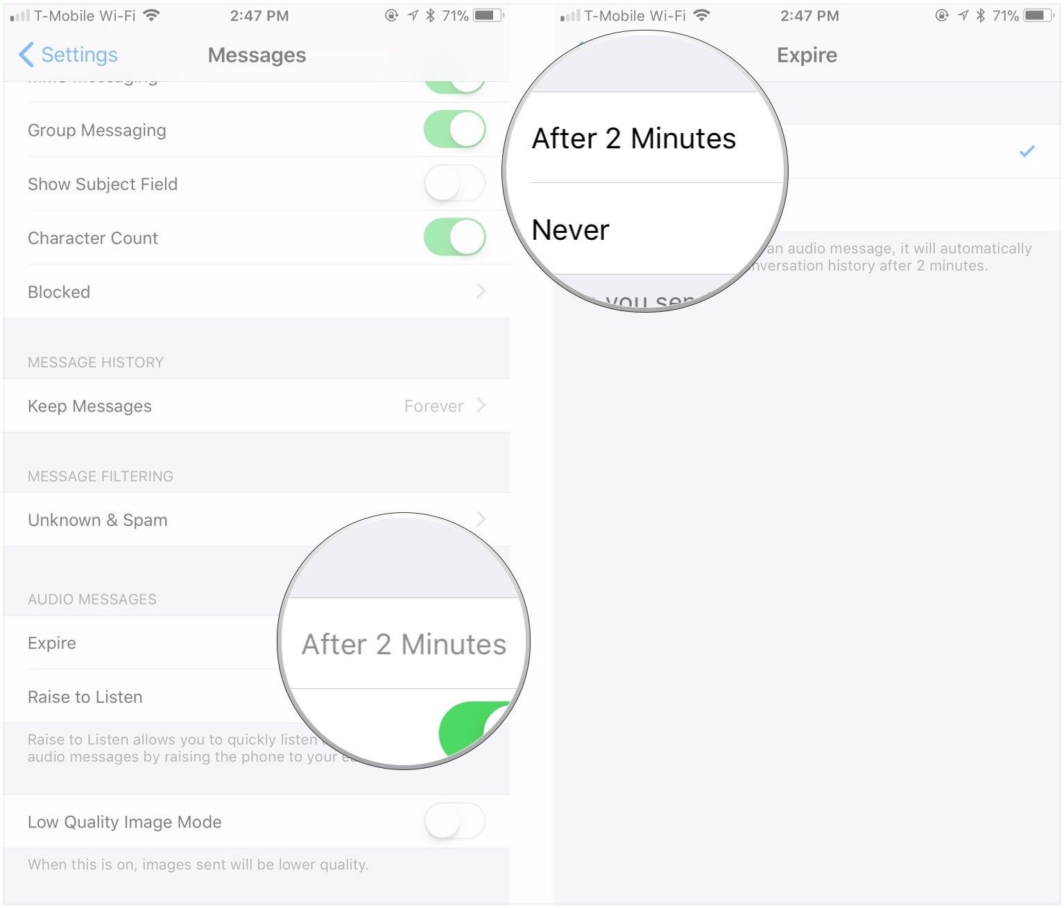 Нажмите Expire, выберите 2 минуты или Никогда