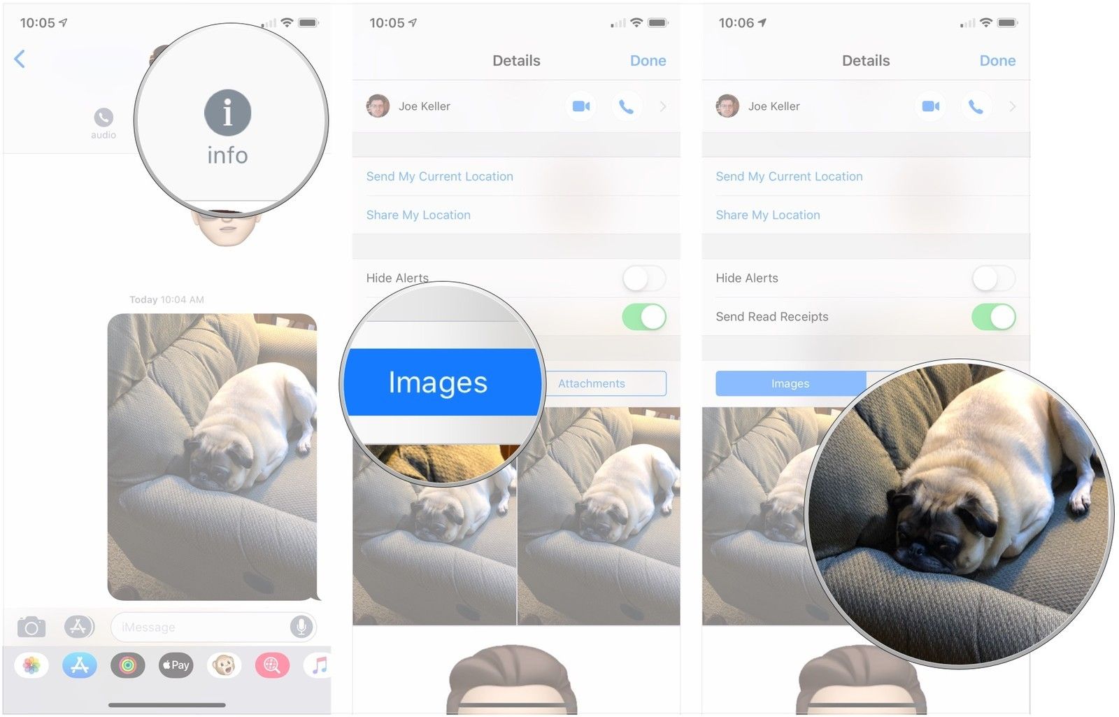 Нажмите «Информация», нажмите «Изображения» или «Вложения», нажмите на вложение.