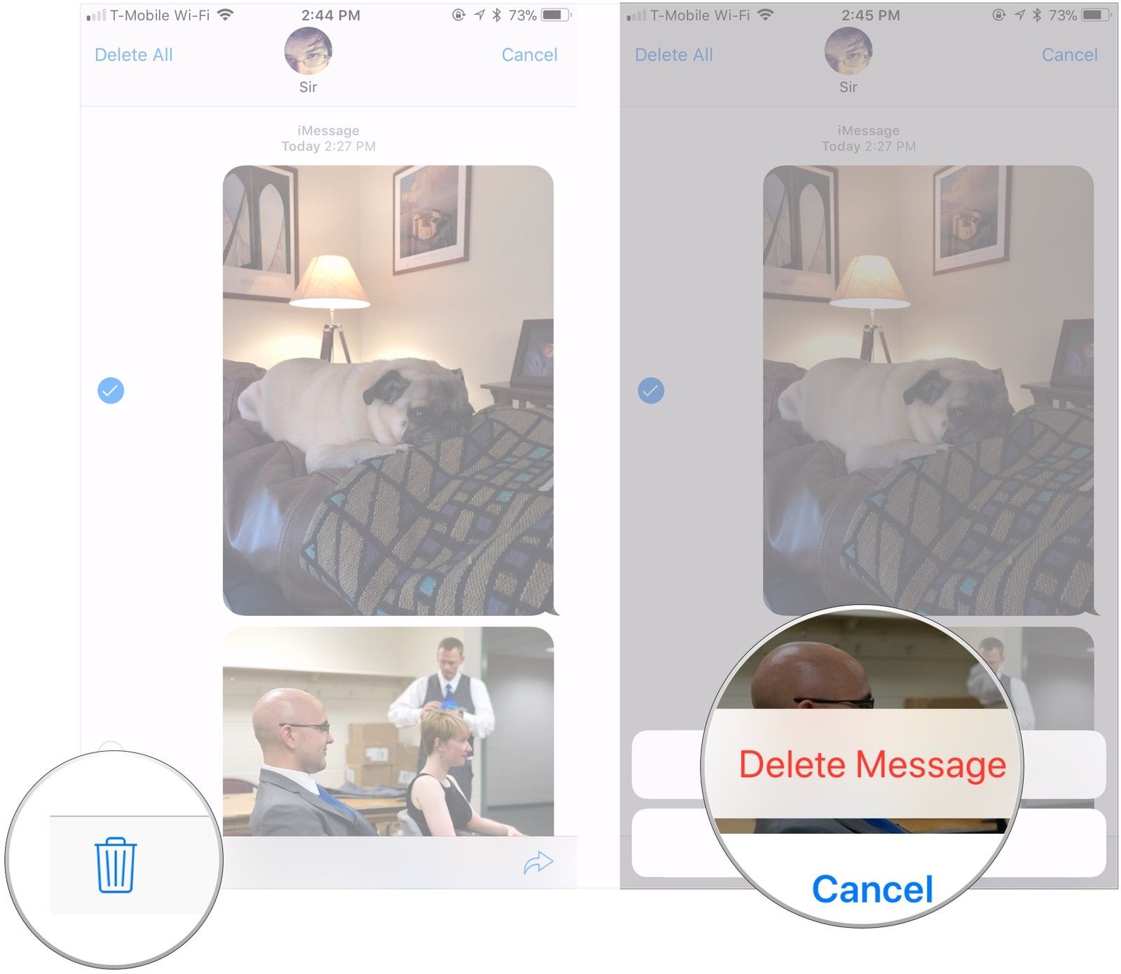 Нажмите мусорное ведро, нажмите Удалить сообщение