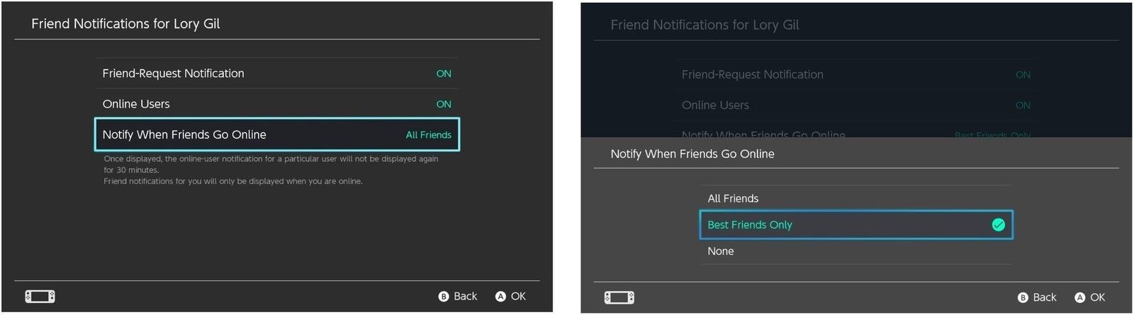 Выберите Уведомлять, когда друзья выходят в сеть, затем выберите тип друзей.