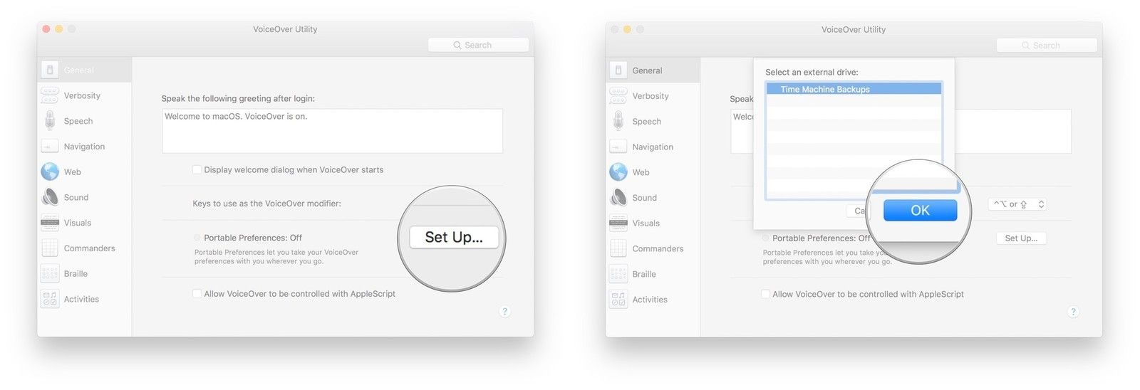 Нажмите «Настроить» рядом с «Переносные настройки», нажмите «Переносной диск», нажмите «ОК».