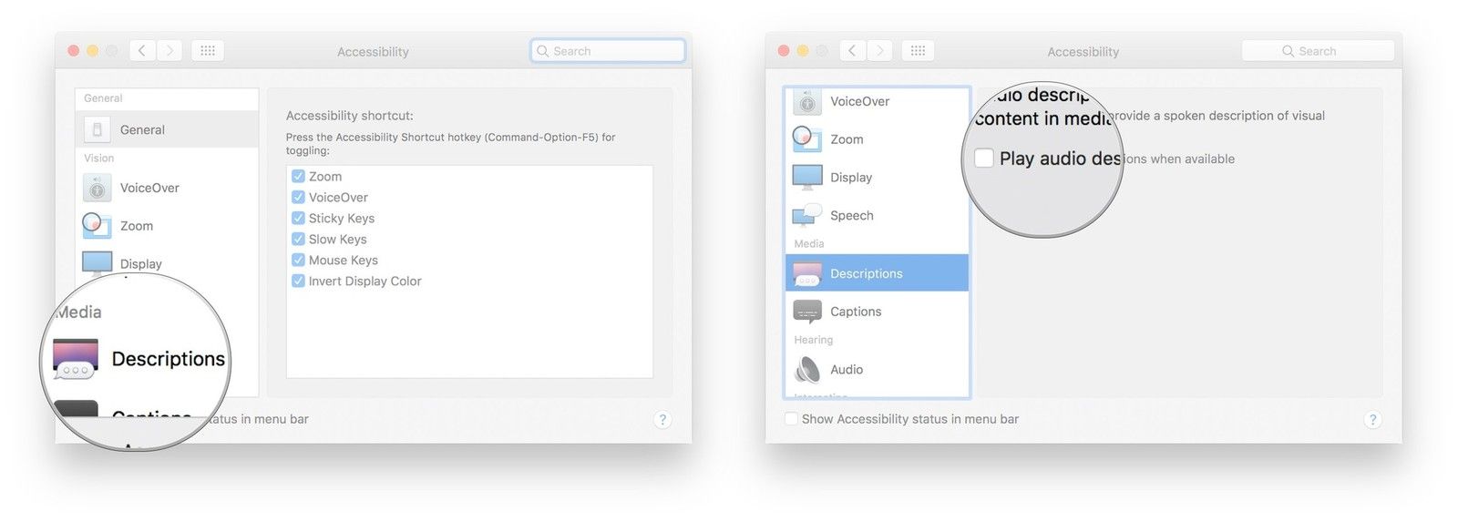 Нажмите «Описания», установите флажок, чтобы включить описания, когда они будут доступны.
