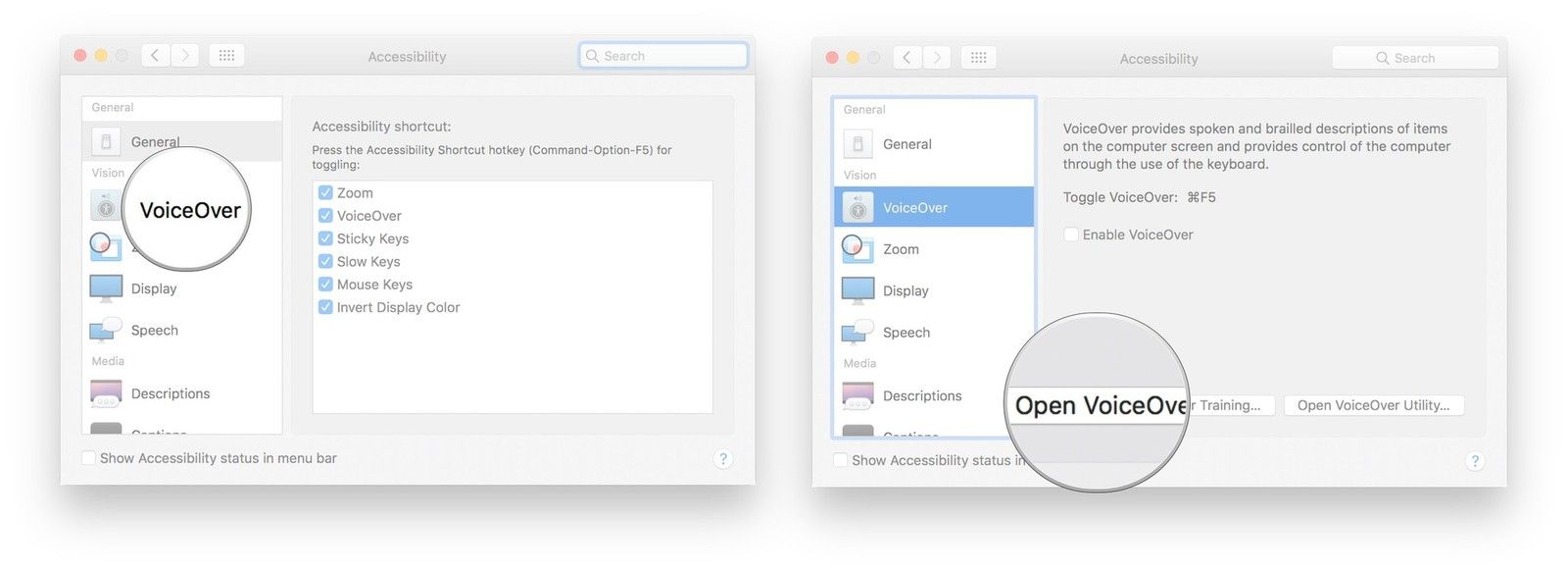 Нажмите VoiceOver, нажмите Открыть обучение VoiceOver ...
