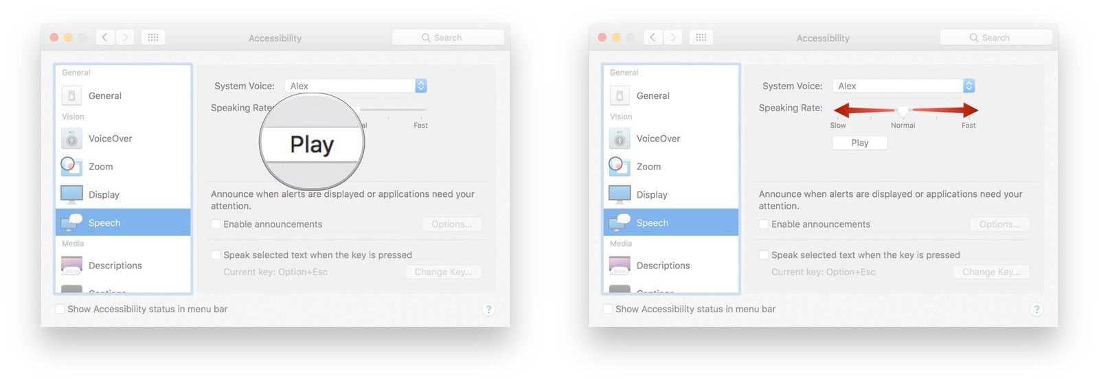 Нажмите кнопку «Воспроизвести», чтобы просмотреть голос, нажмите и перетащите ползунок рядом с параметром «Скорость речи», чтобы изменить скорость речи.
