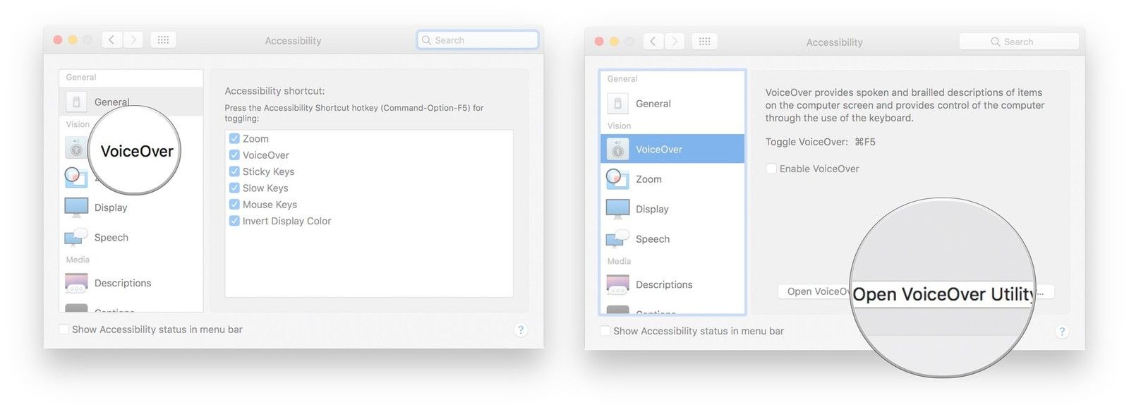 Нажмите VoiceOver, нажмите Открыть утилиту VoiceOver