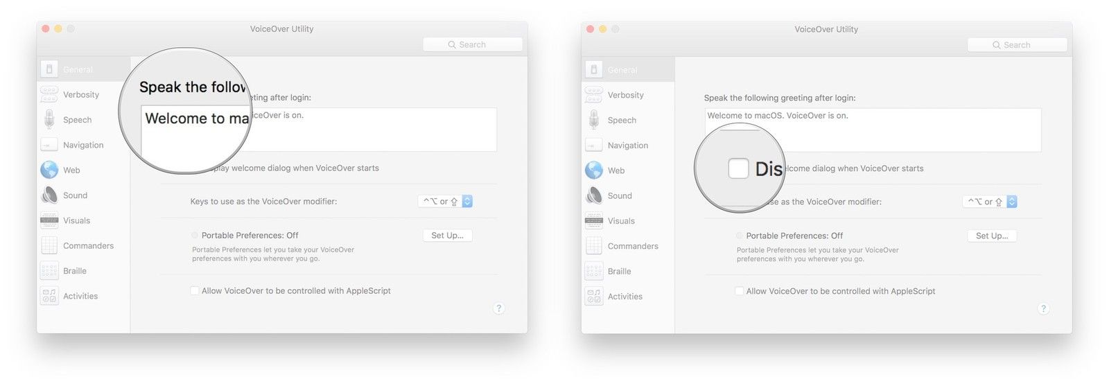 Введите новое приветствие, установите флажок, чтобы отобразить диалоговое окно приветствия при запуске VoiceOver.