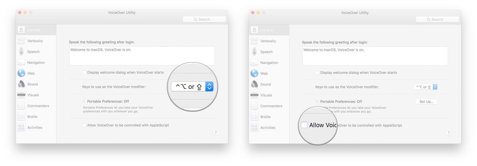 Нажмите раскрывающееся меню, чтобы выбрать клавиши-модификаторы, установите флажок, чтобы разрешить VoiceOver управлять AppleScript
