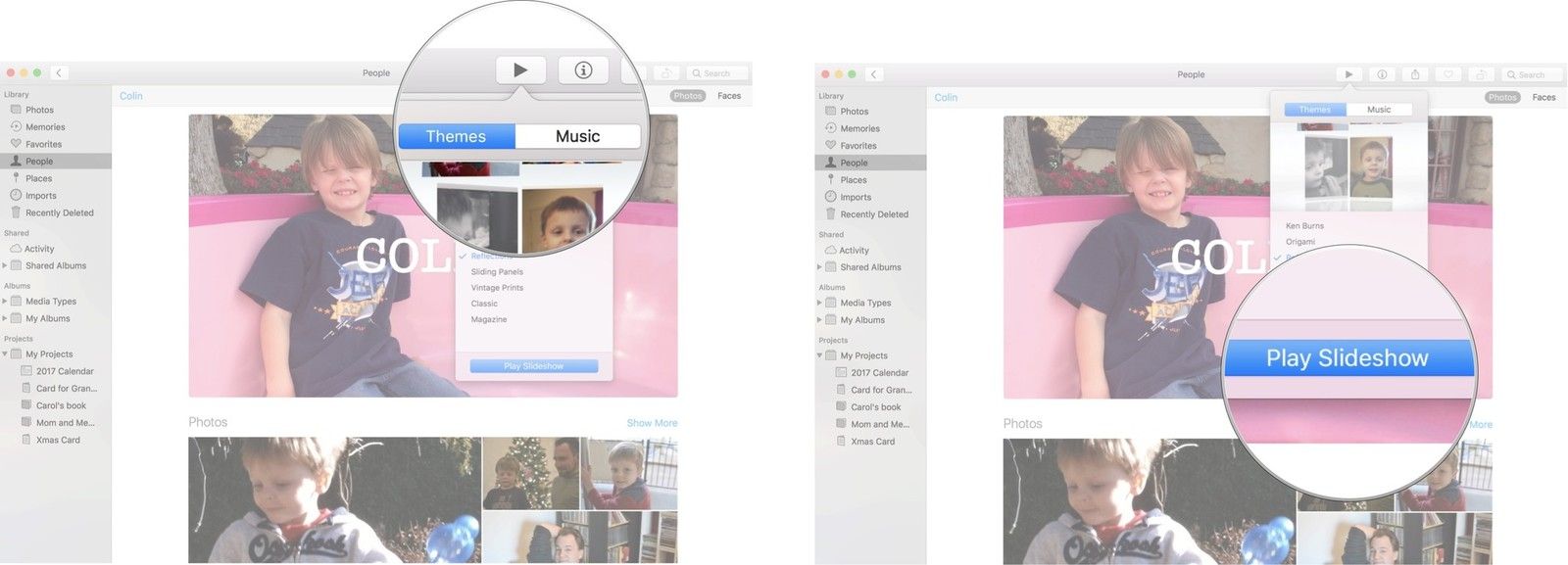 Выберите стиль слайд-шоу, затем нажмите «Воспроизвести слайд-шоу»