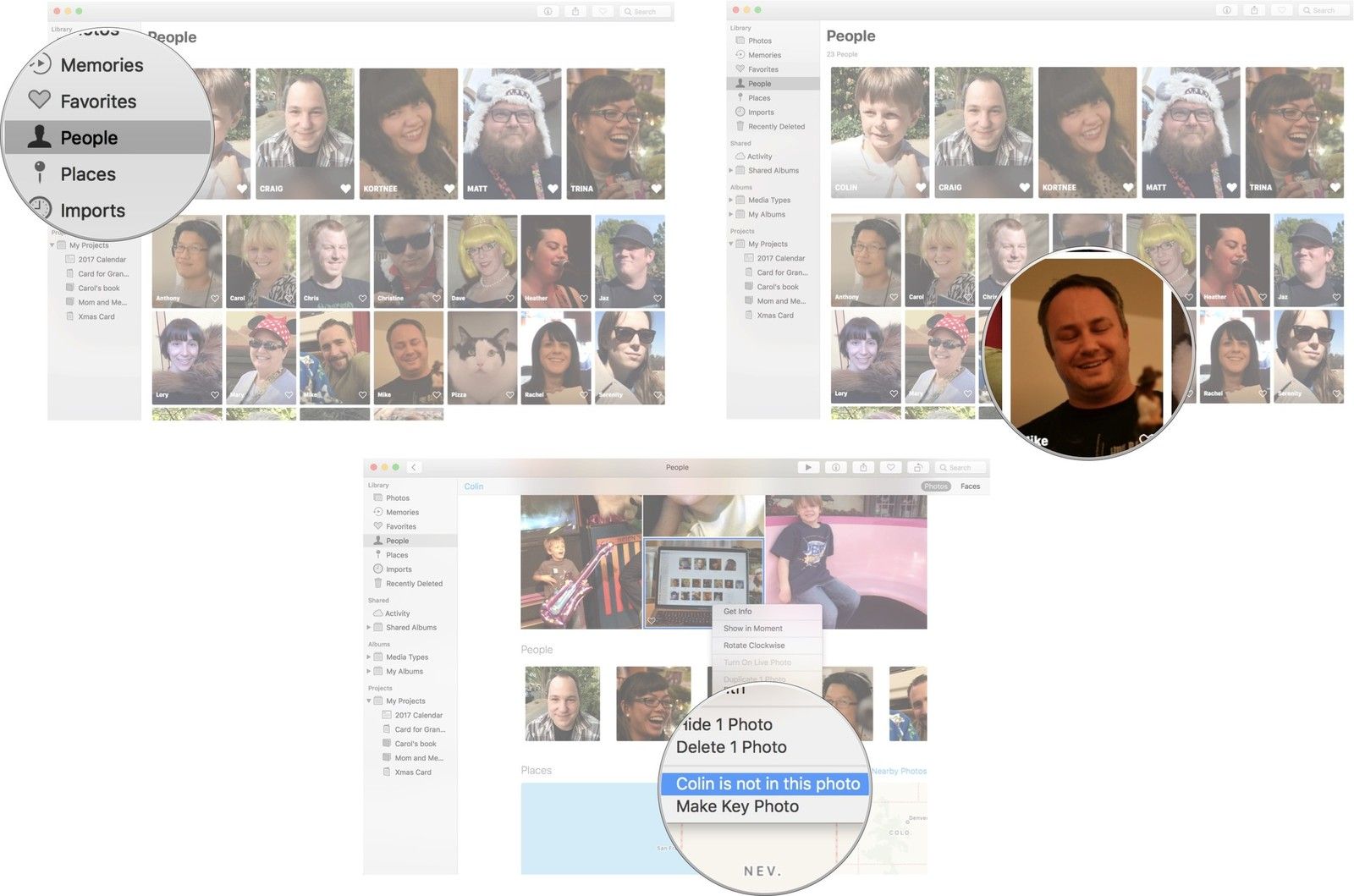 Нажмите на Люди, затем нажмите на профиль, затем щелкните правой кнопкой мыши или нажмите на фотографию, затем выберите [Имя], которого нет на этой фотографии.