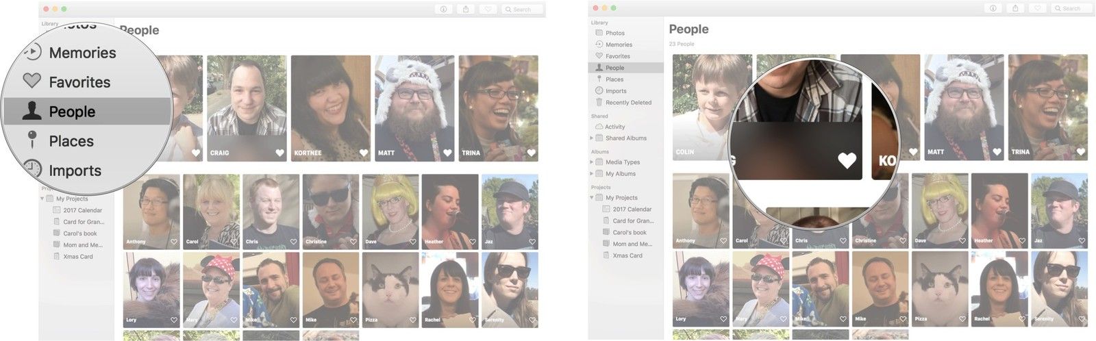 Нажмите на людей, затем нажмите на сердце на фото