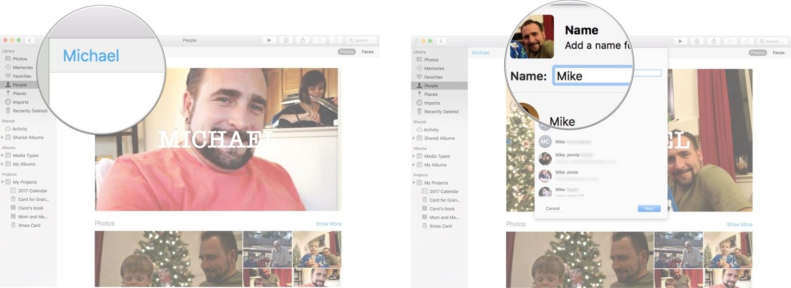 Нажмите на имя, затем введите новое имя