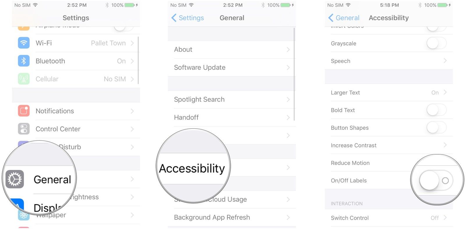 Нажмите &laquo;Общие&raquo;, нажмите &laquo;Доступность&raquo;, нажмите переключатель рядом с надписью &laquo;Вкл. / Выкл.&raquo;