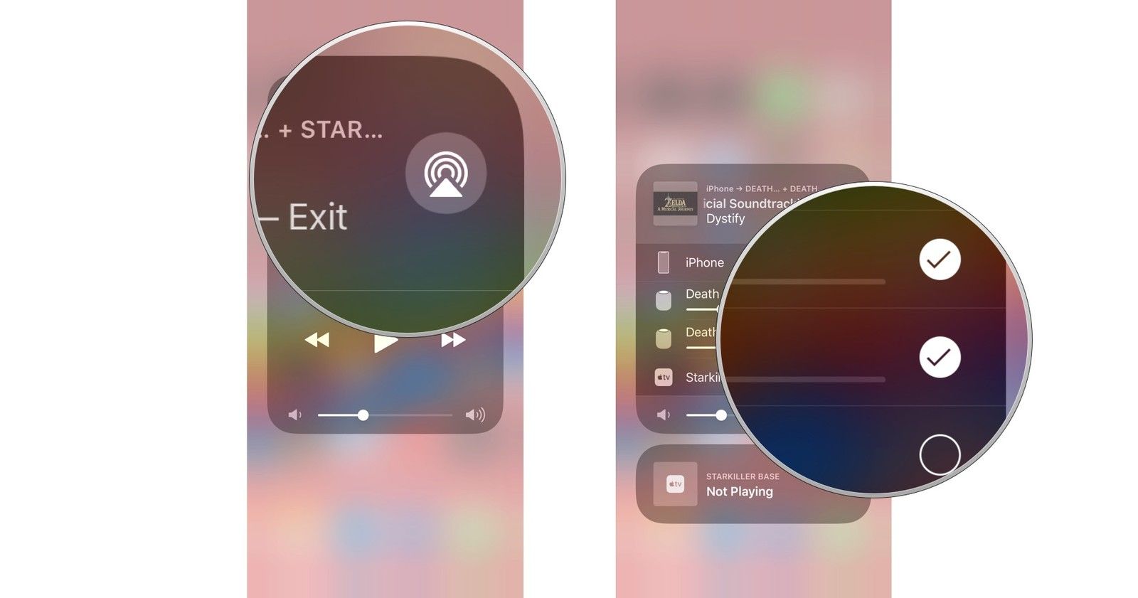 Нажмите AirPlay, затем выберите несколько динамиков HomePod
