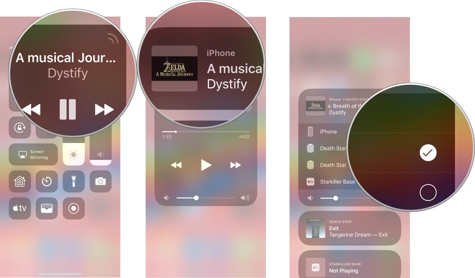 Длительное нажатие на панели управления музыкой, затем выберите дорожку, затем выберите один HomePod