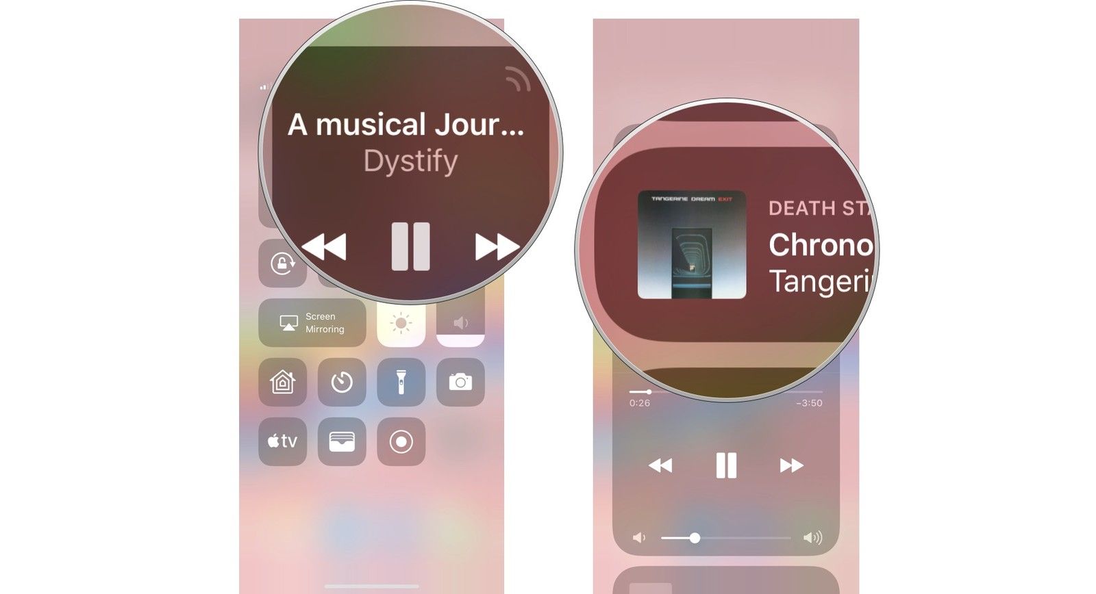 Длительное нажатие на панели управления музыкой, затем выберите трек