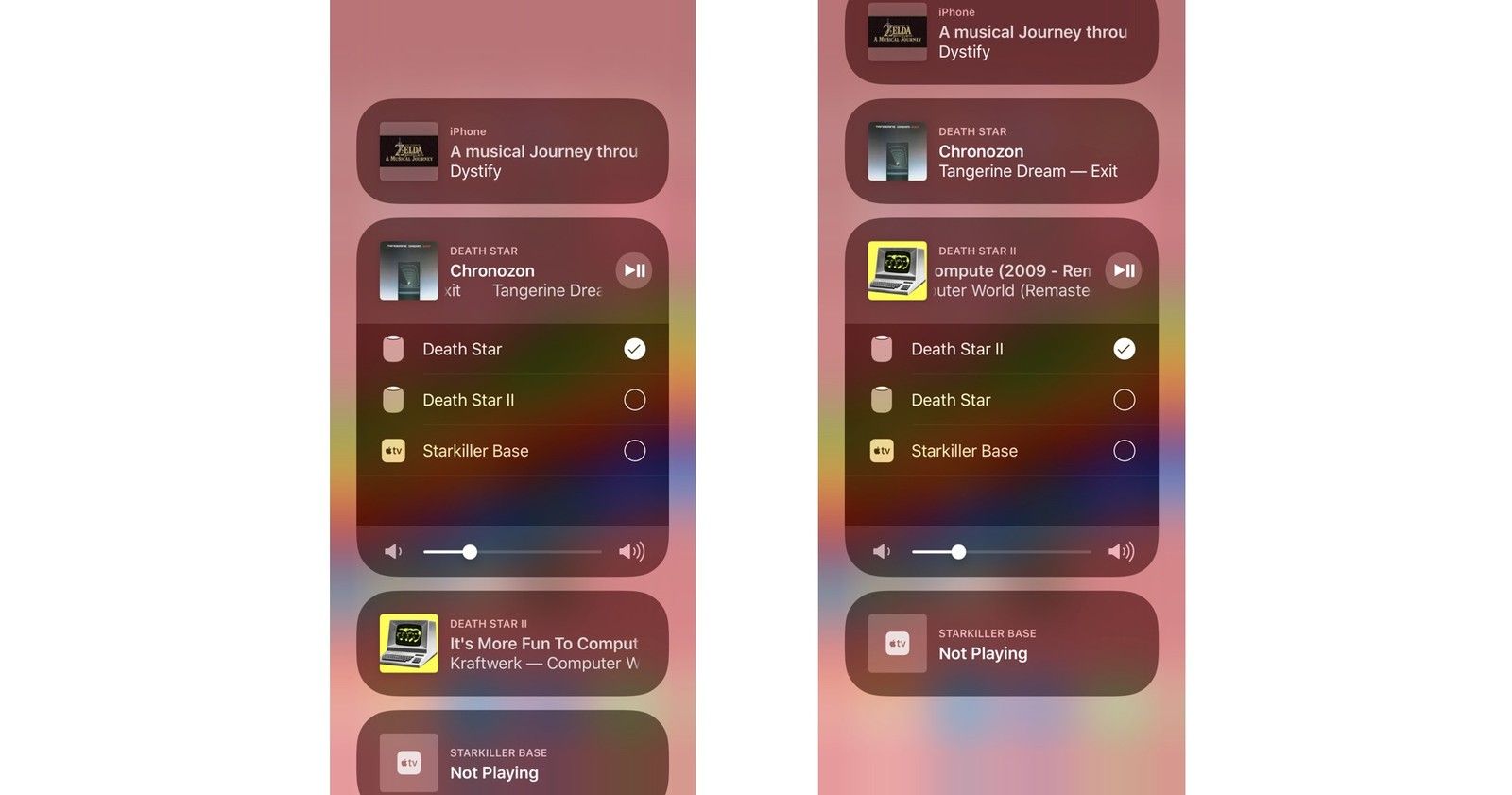 Воспроизведение одной песни через один HomePod и другую песню через другой HomePod