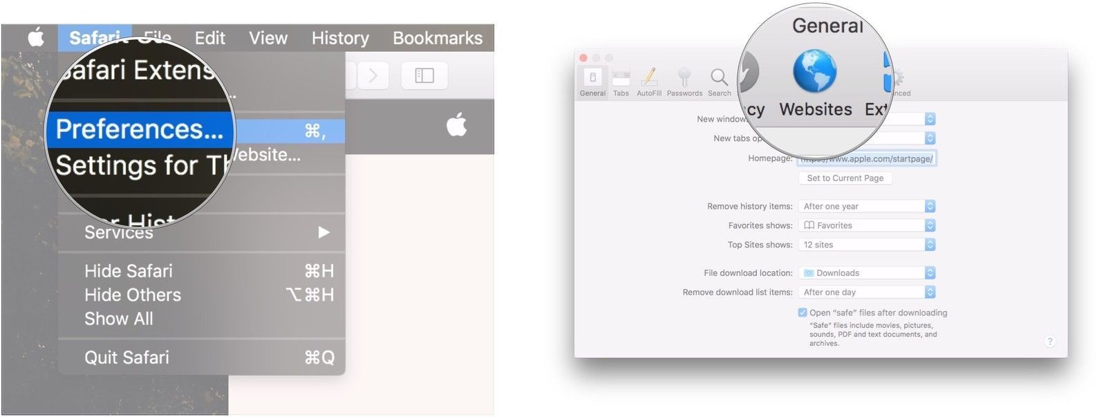 Нажмите Настройки, нажмите Веб-сайты
