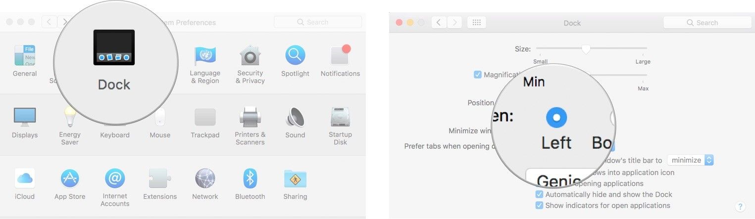 Нажмите Dock, затем выберите ориентацию слева, снизу или справа