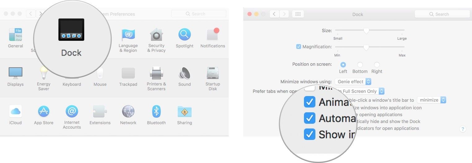 Нажмите «Док», затем установите флажок «Скрыть док».
