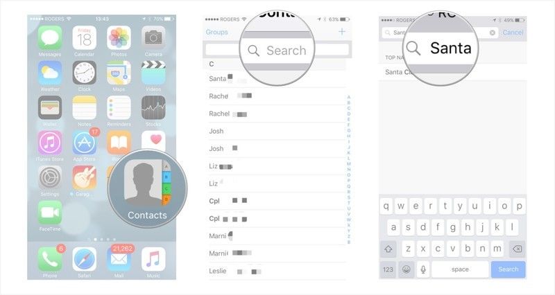 Откройте «Содержание», нажмите на строку поиска и введите имя контакта.