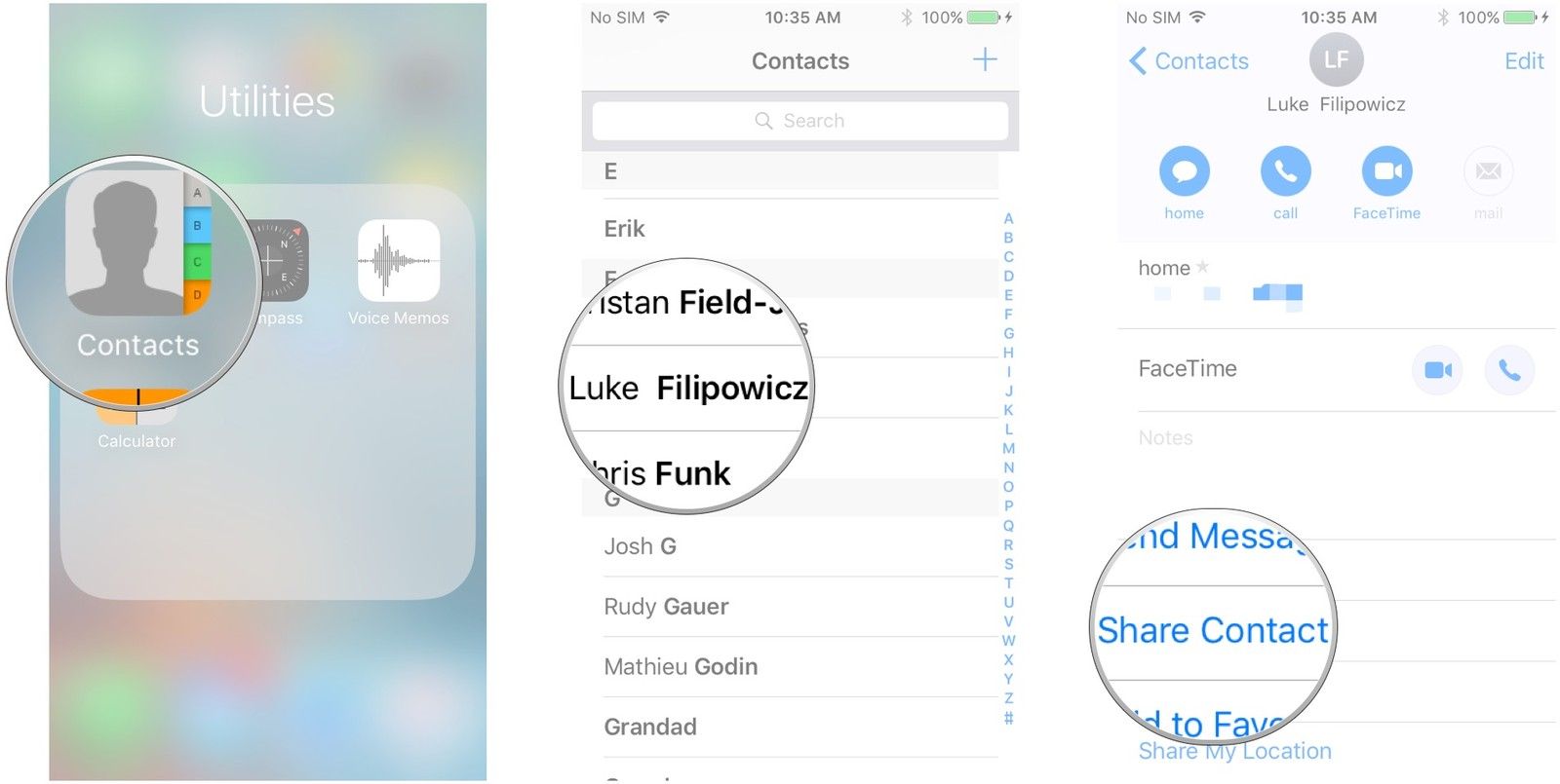 Запустите Контакты, нажмите на контакт, нажмите Поделиться контактом