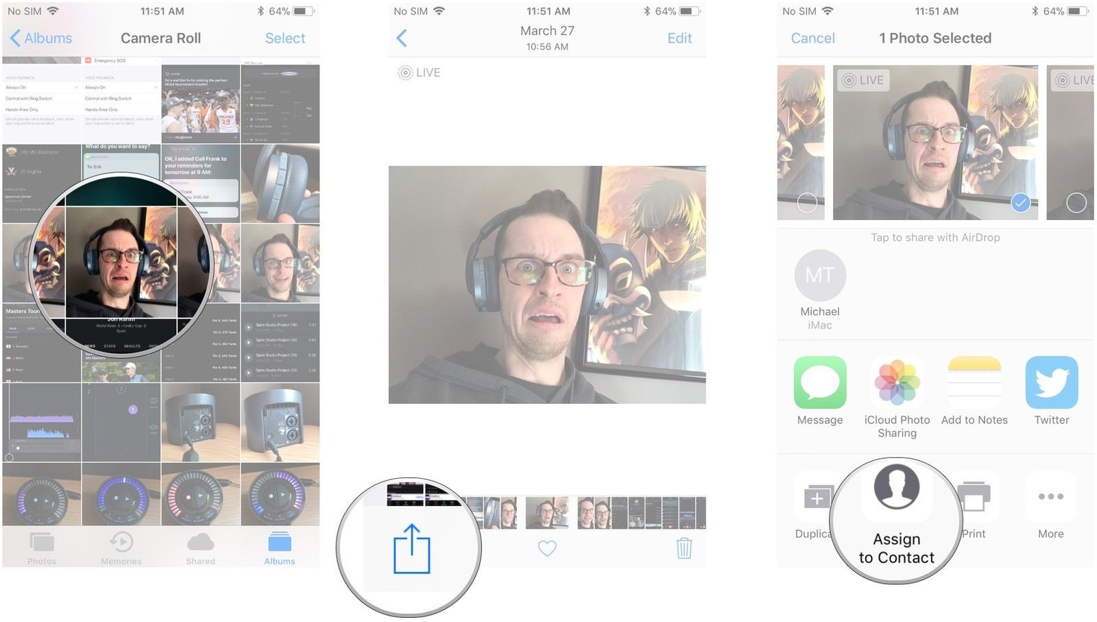 Нажмите на фотографию, нажмите кнопку «Поделиться», нажмите «Присвоить контакту»