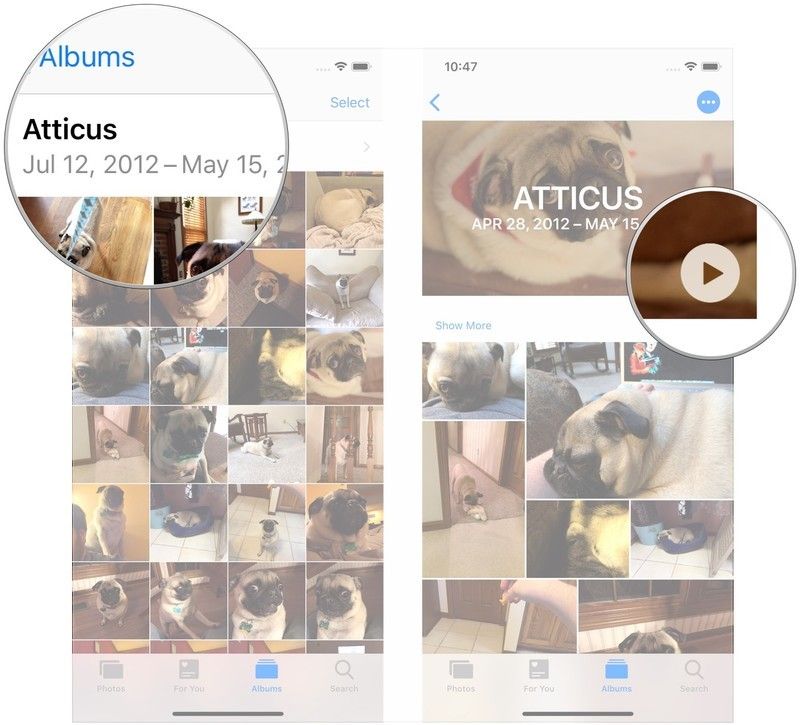 Нажмите название альбома и диапазон дат, нажмите кнопку воспроизведения