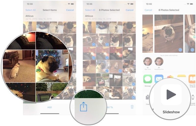 Нажмите фотографии, нажмите кнопку Отправить, нажмите слайд-шоу