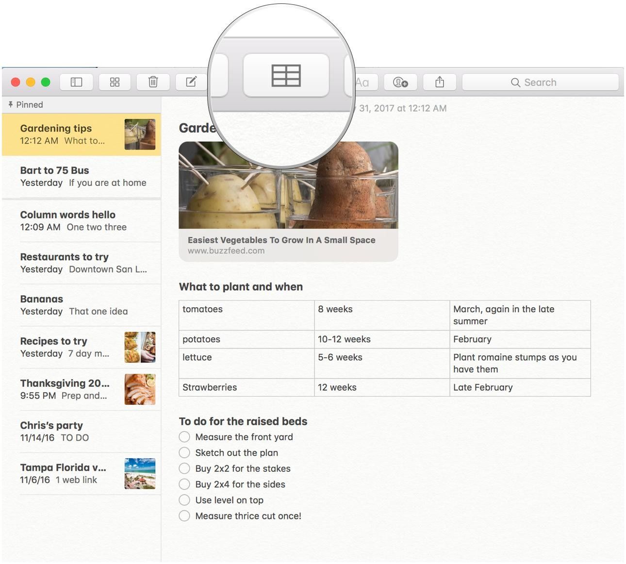 Кнопка «Таблица» в заметках