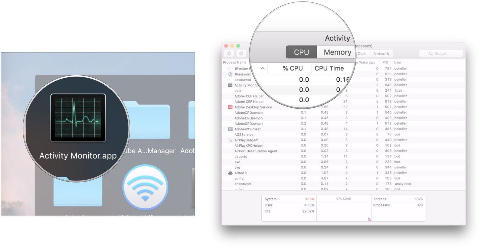 Откройте Activity Monitor, нажмите CPU