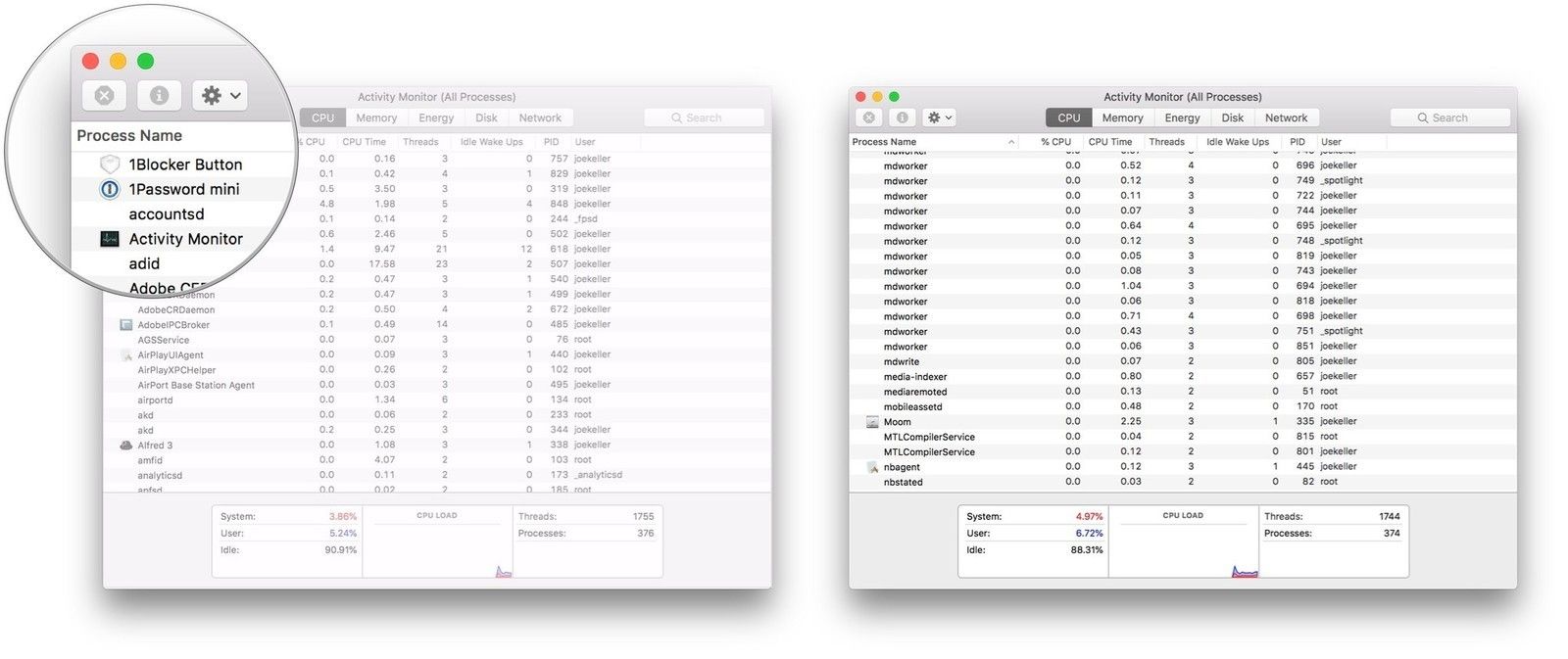 Нажмите Имя процесса или% CPU, найдите mshelper