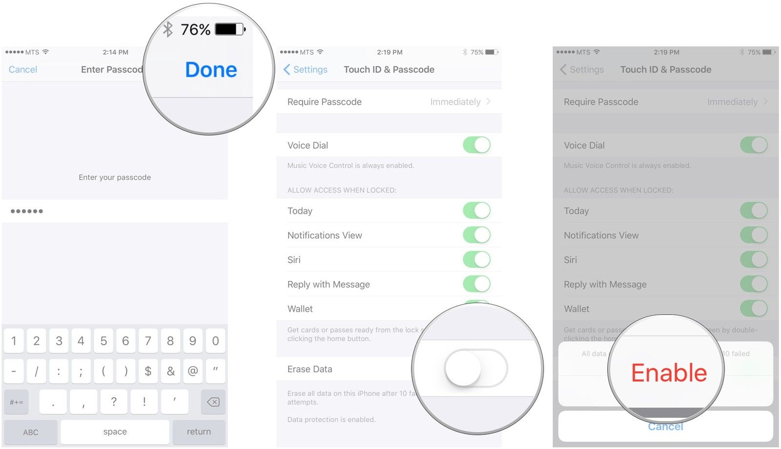 Нажмите «Готово», чтобы переключить переключатель «Стереть данные»