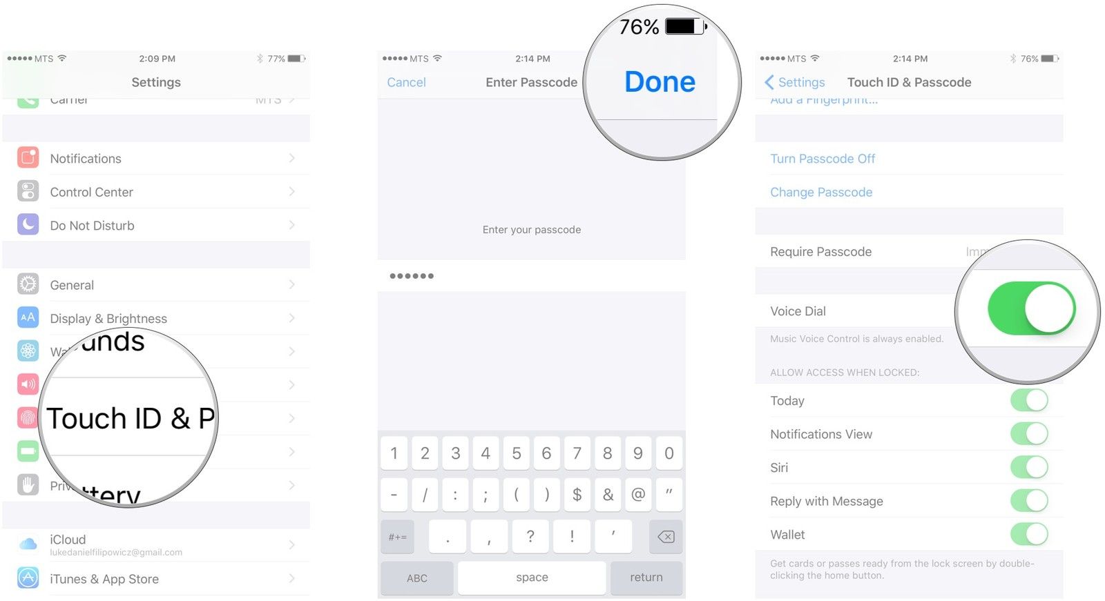 Нажмите «Touch ID» и «Код доступа», введите свой пароль, нажмите «Готово», переключите переключатель рядом с «Голосовой набор».